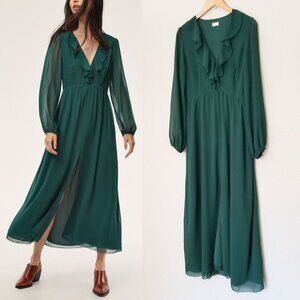 Aritzia Wilfred Millie Dress 8 Forest Green Romantic Ruffle Chiffon Maxi Slit